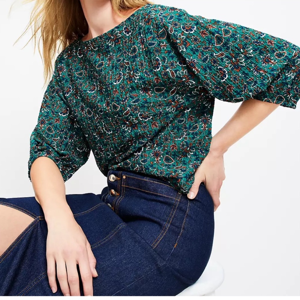 LOFT Green Puff Sleeve Blouse Relaxed Boxy Style
